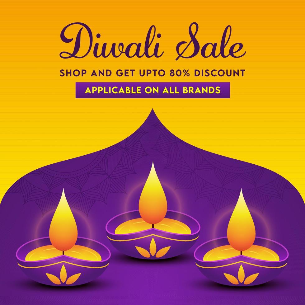 Diwali Sale Poster Design with Discount Offer and Lit Oil Lamps on