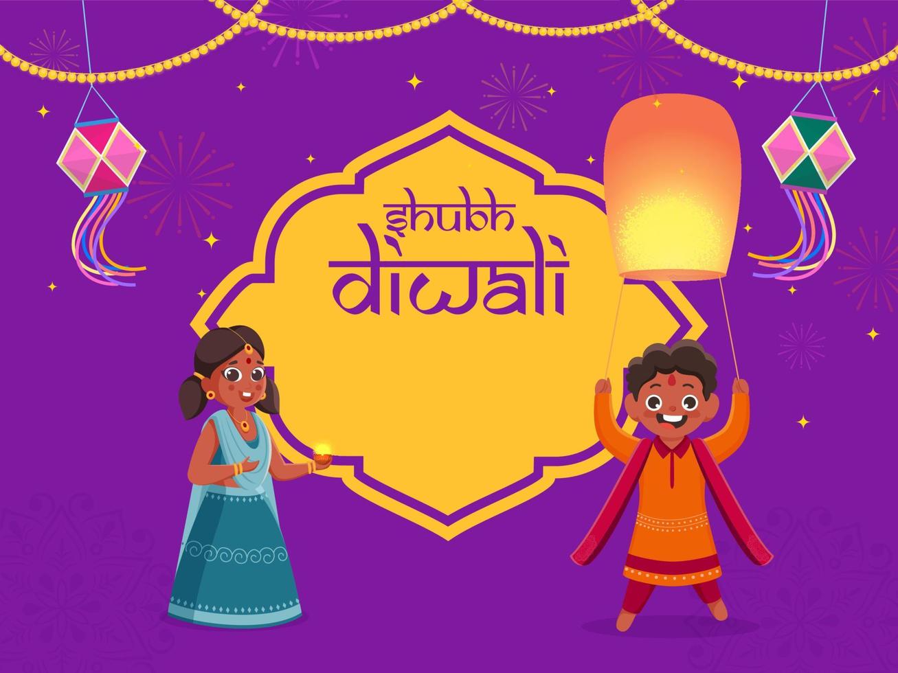 Cheerful Kids Enjoying or Celebrating Festival Of Happy Diwali on Violet Background. vector