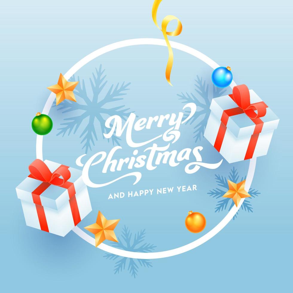 Merry Christmas Happy New Year Text on Glossy Blue Background Decorated with 3D Gift Boxes, Baubles, Stars and Snowflakes. vector