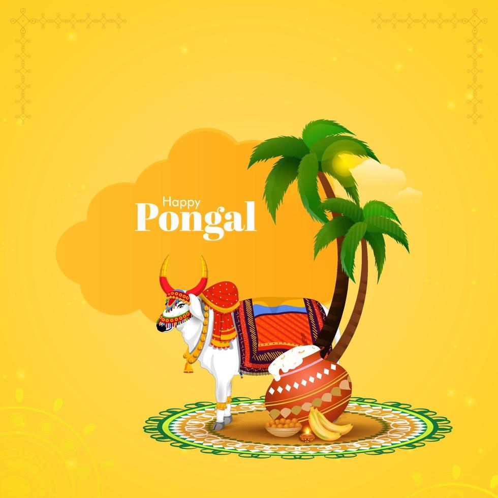 Happy Pongal Concept With Decorative Ox Character, Pongali Rice In Mud Pot, Sweet, Banana And Palm Trees On Yellow Background. vector