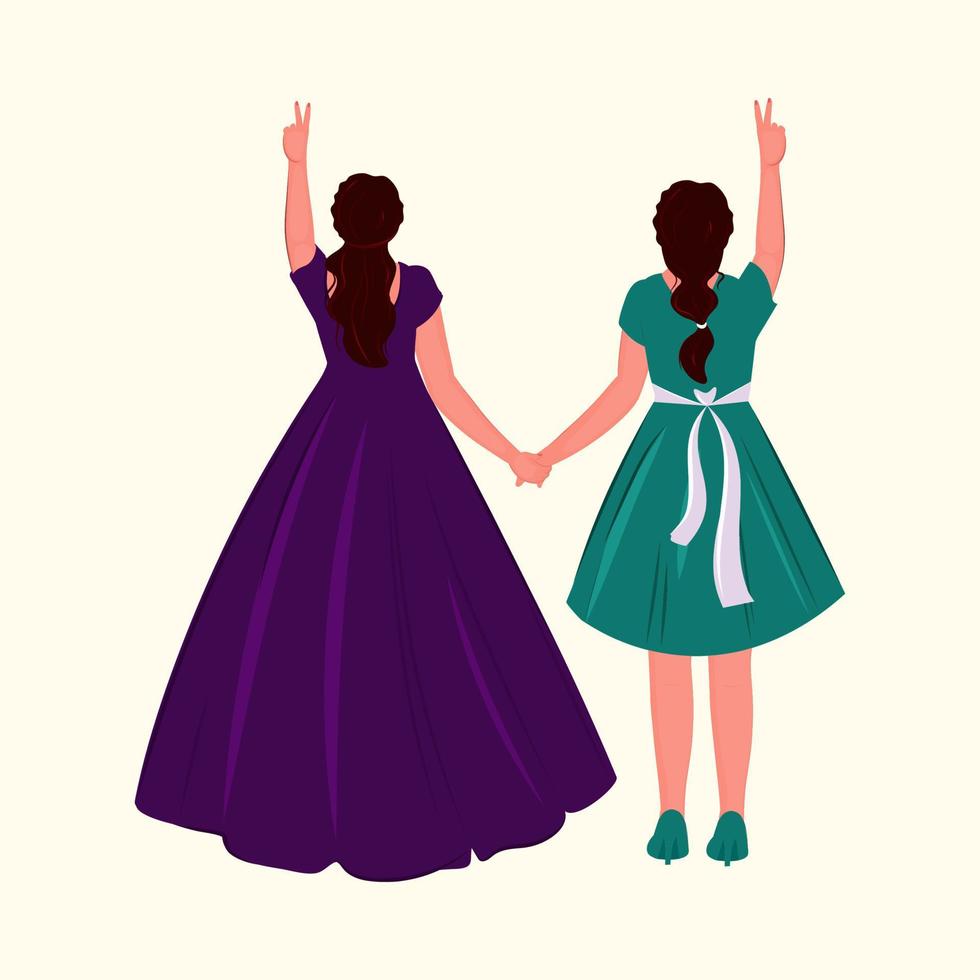 Rear View of Modern Young Women Standing Together And Showing Peace Sign On Beige Background. vector