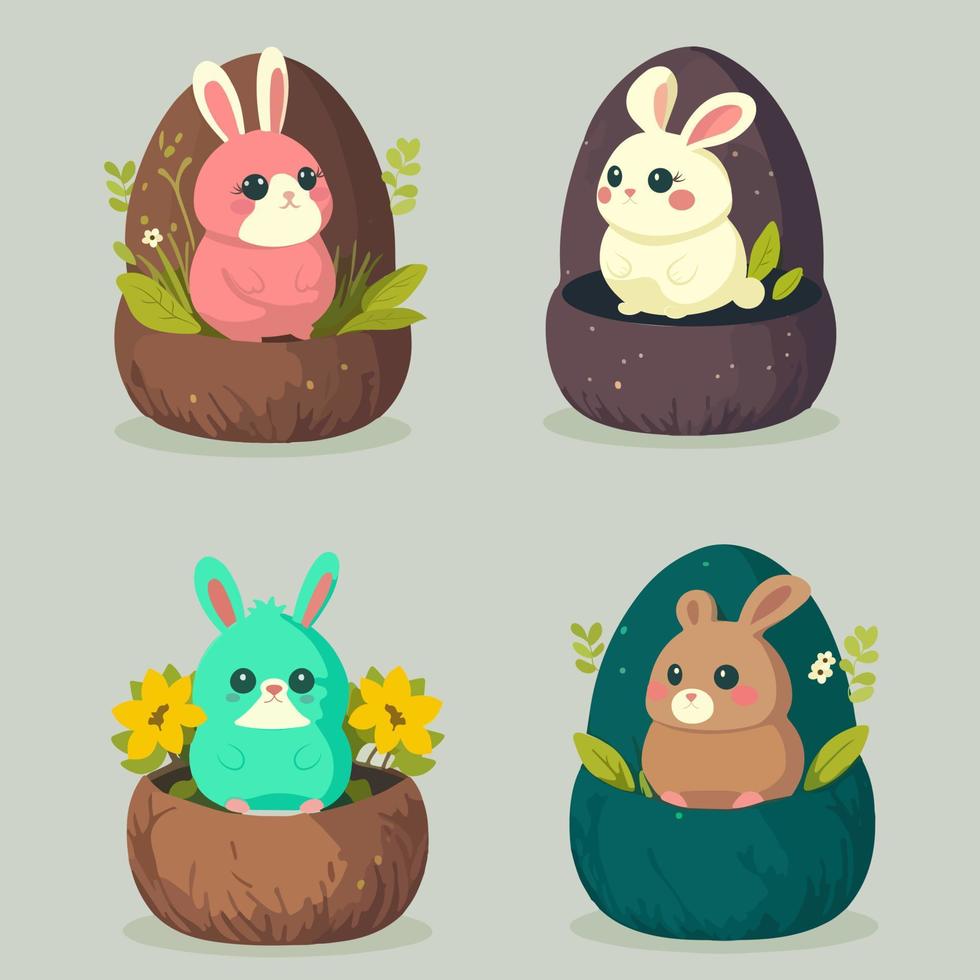 Set Of Different Style Cute Rabbit Character Against Egg Shape Floral And Leaf Landscape On Grey Background. Happy Easter Day Concept. vector
