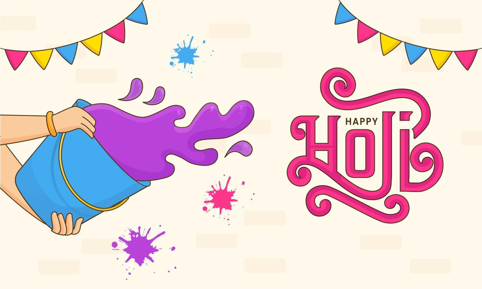 Happy Holi Celebration Banner Design With Closeup of Female Hands Throwing Color From Bucket On Beige Background. vector