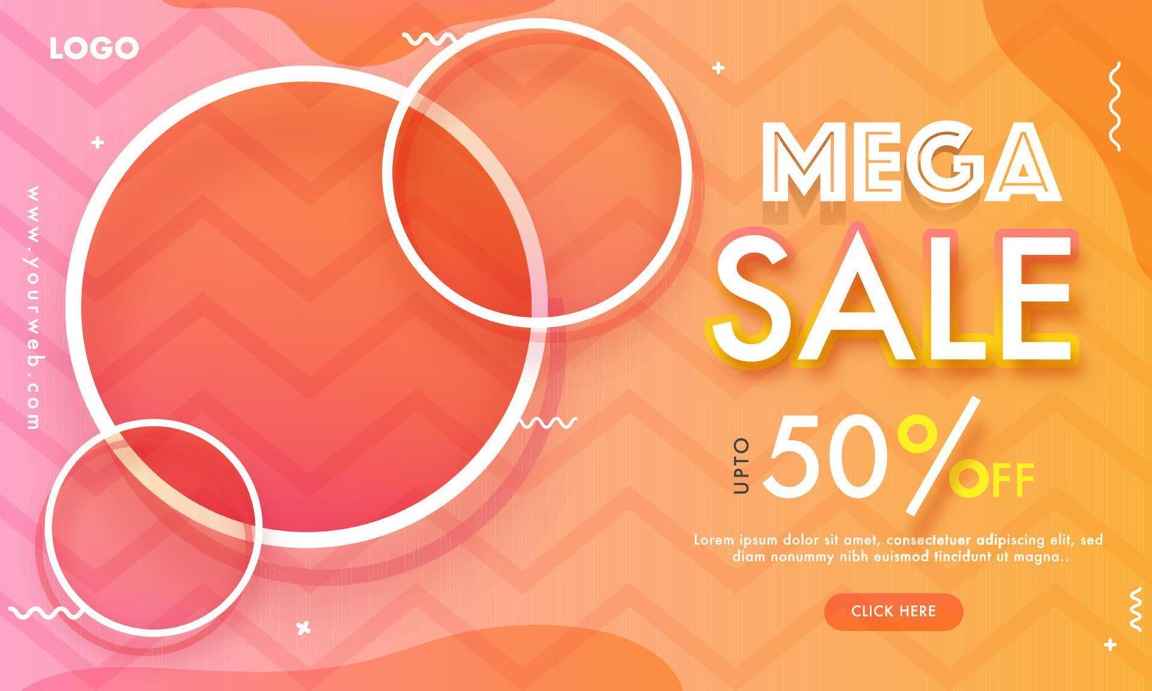 Mega Sale web banner design with discount offer and empty circular frame given for your product image on wavy striped pattern background. vector