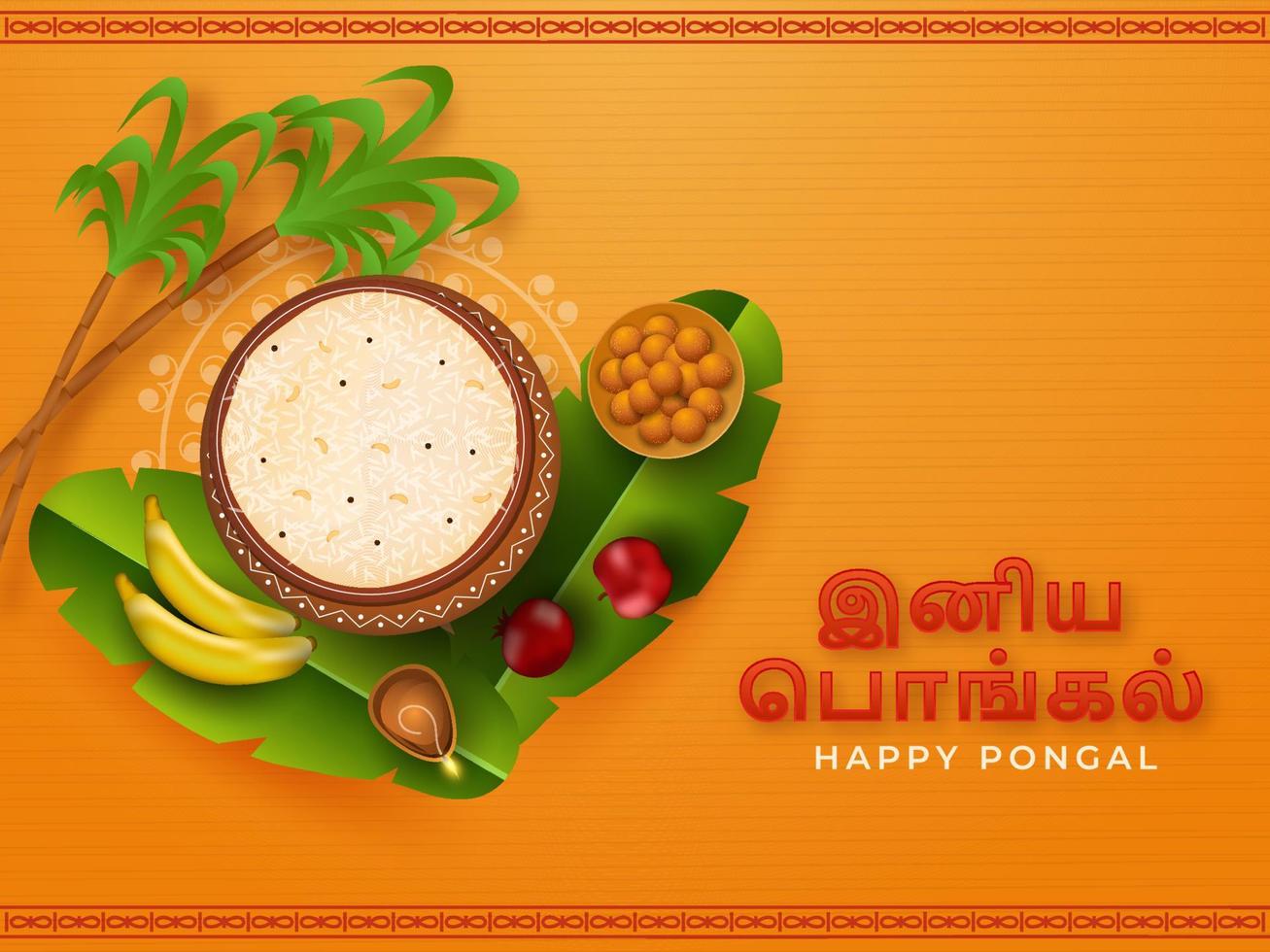 contento pongal texto escrito tamil idioma con parte superior ver de arroz barro maceta, frutas, dulce, plátano hojas, Caña de azúcar en amarillo antecedentes. vector