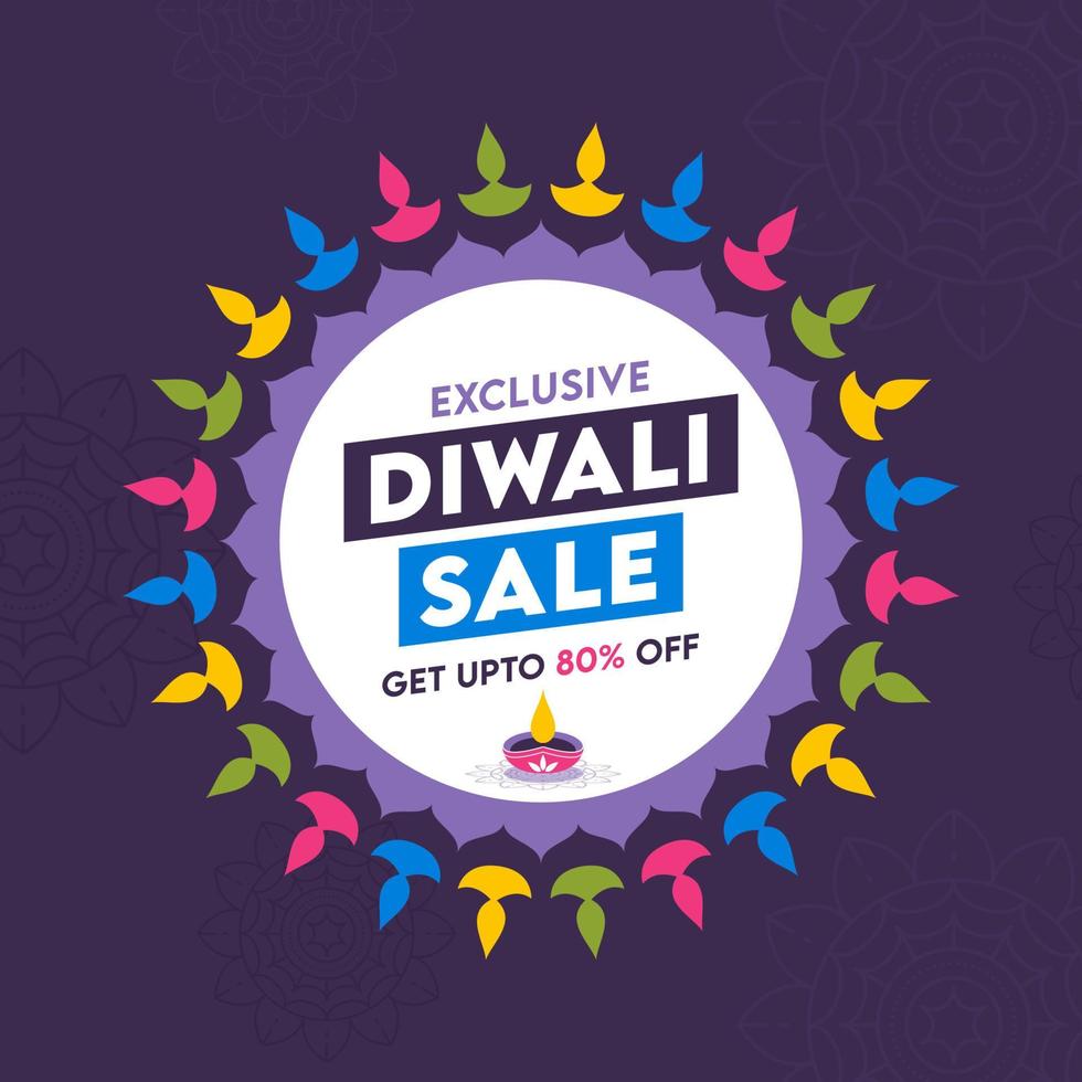 Exclusive Diwali Sale Poster Design with  Discount Offer on Purple Background. vector