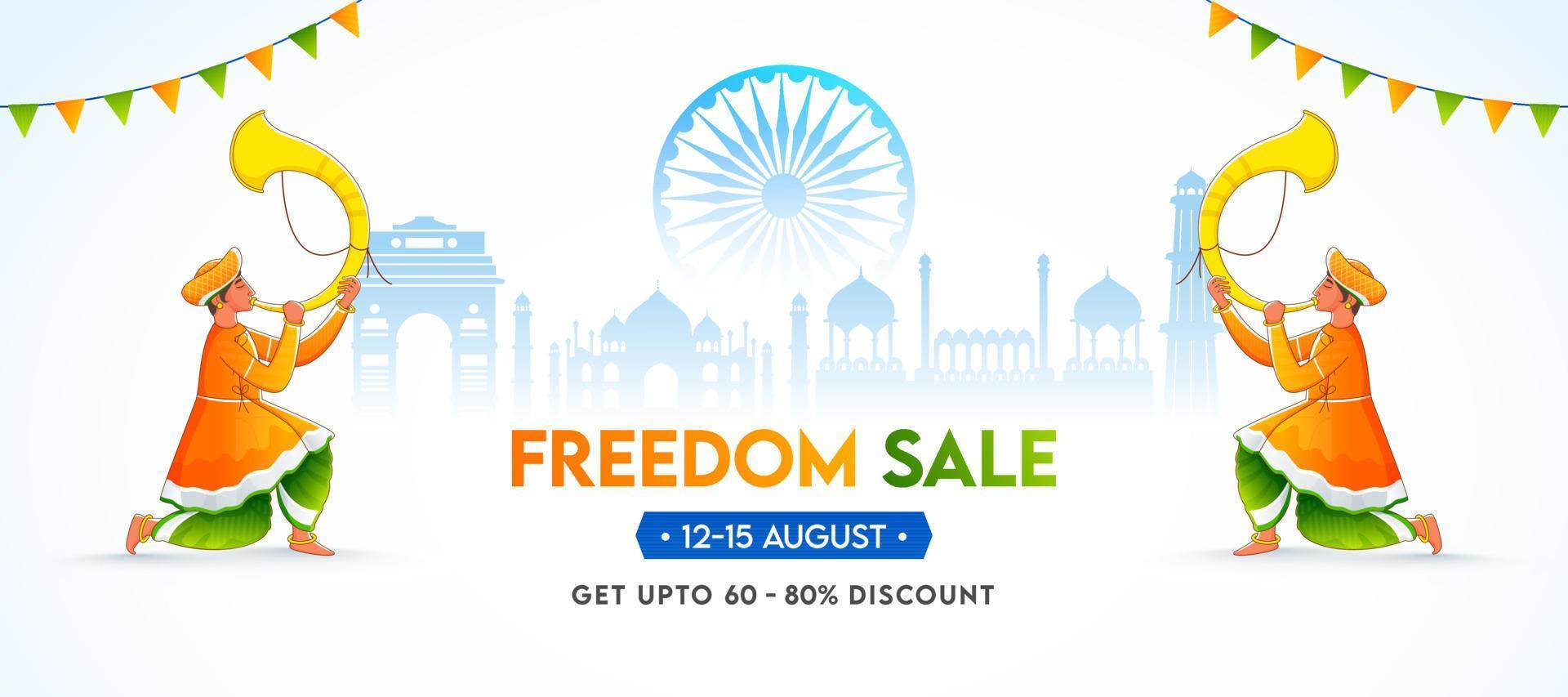 Freedom Sale Banner Design with Discount Offer, Famous Monuments, Ashoka Wheel and Tutari Player on the Occasion of 15th August Celebration. vector