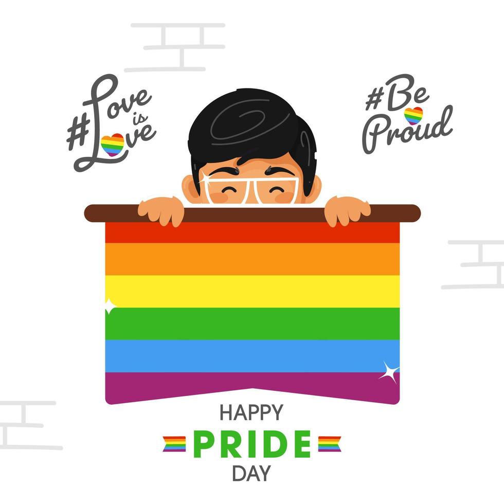 Happy Pride Day vector illustration with young boy showing rainbow color flag, Be Proud, Love is Love Concept.