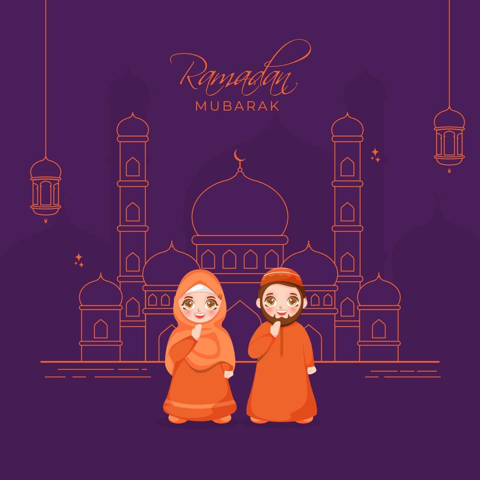 Islamic Holy Month of Ramadan Kareem with line-art mosque, hanging lanterns and Muslim couple performing Namaz. vector
