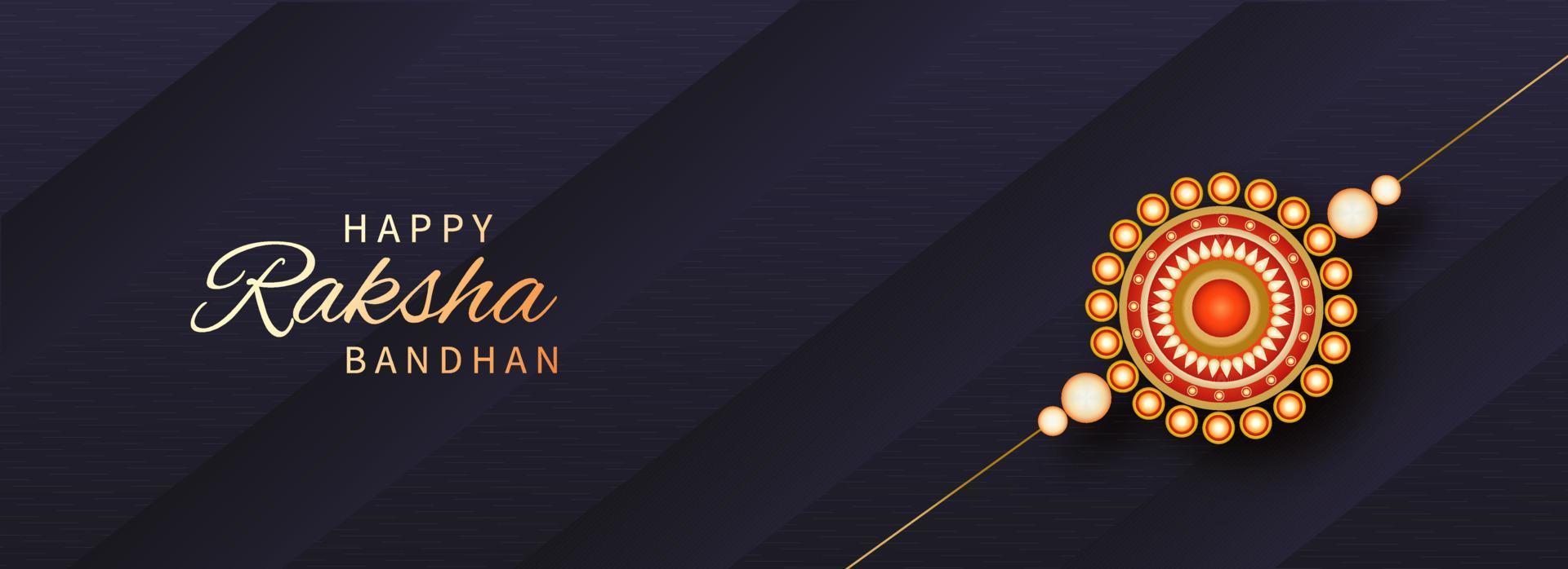 Golden Raksha Bandhan Font with Pearl Rakhi on Dark Gray Purple Diagonal paper Background. vector