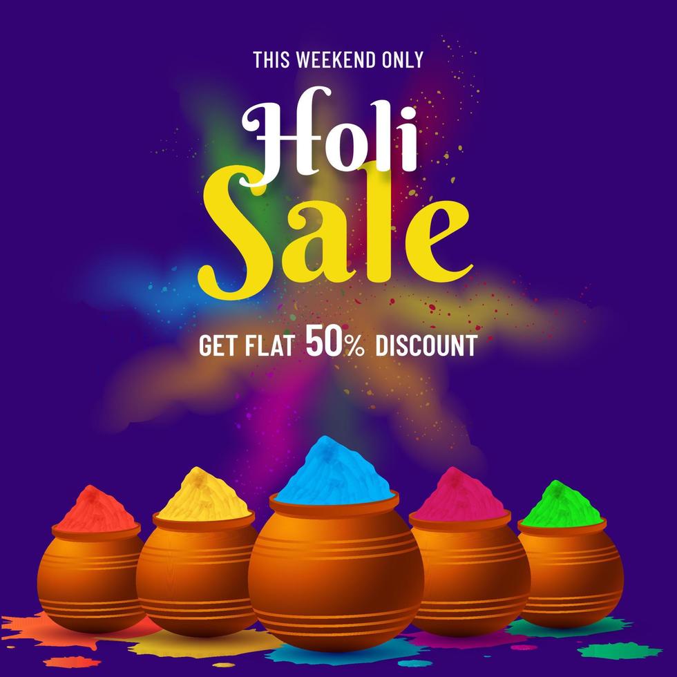 Discount Offer For Holi Sale Poster Design With Mud Pots Full Of Powder Color. vector