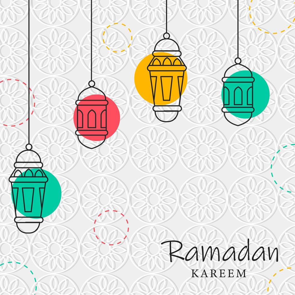 Islamic Holy Month of Ramadan Concept with Colorful Illuminating Lanterns on White Textured Background. vector