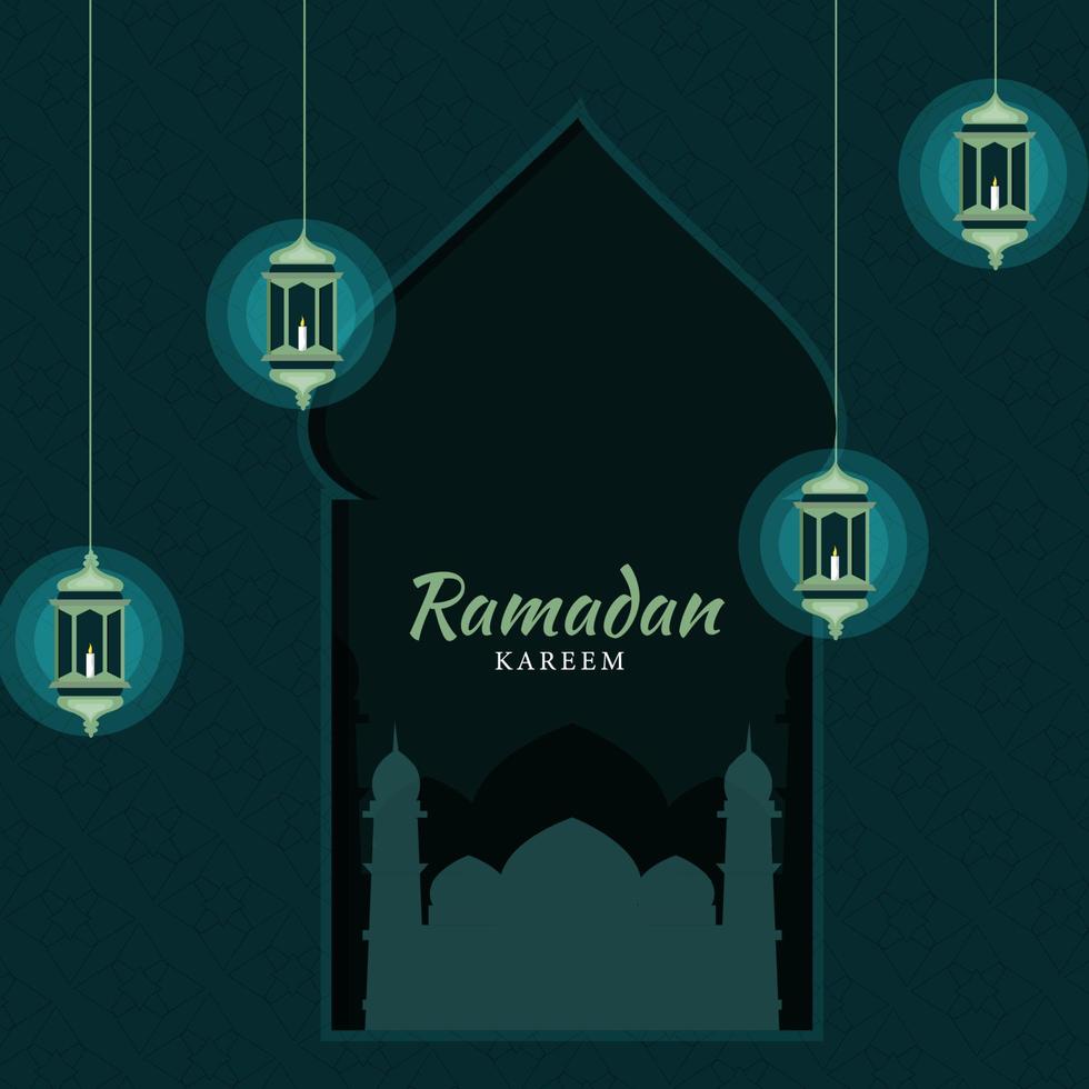 Islamic Holy Month of Ramadan Concept with Colorful Illuminating Lanterns, and Mosque on Green Background. vector