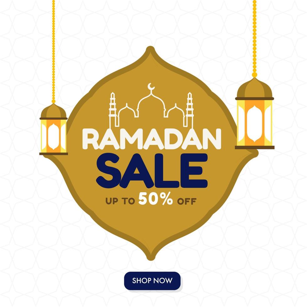 Islamic holy month of Ramdan Sale Concept with Mosque, and Hanging Golden Lanterns Illustration. vector