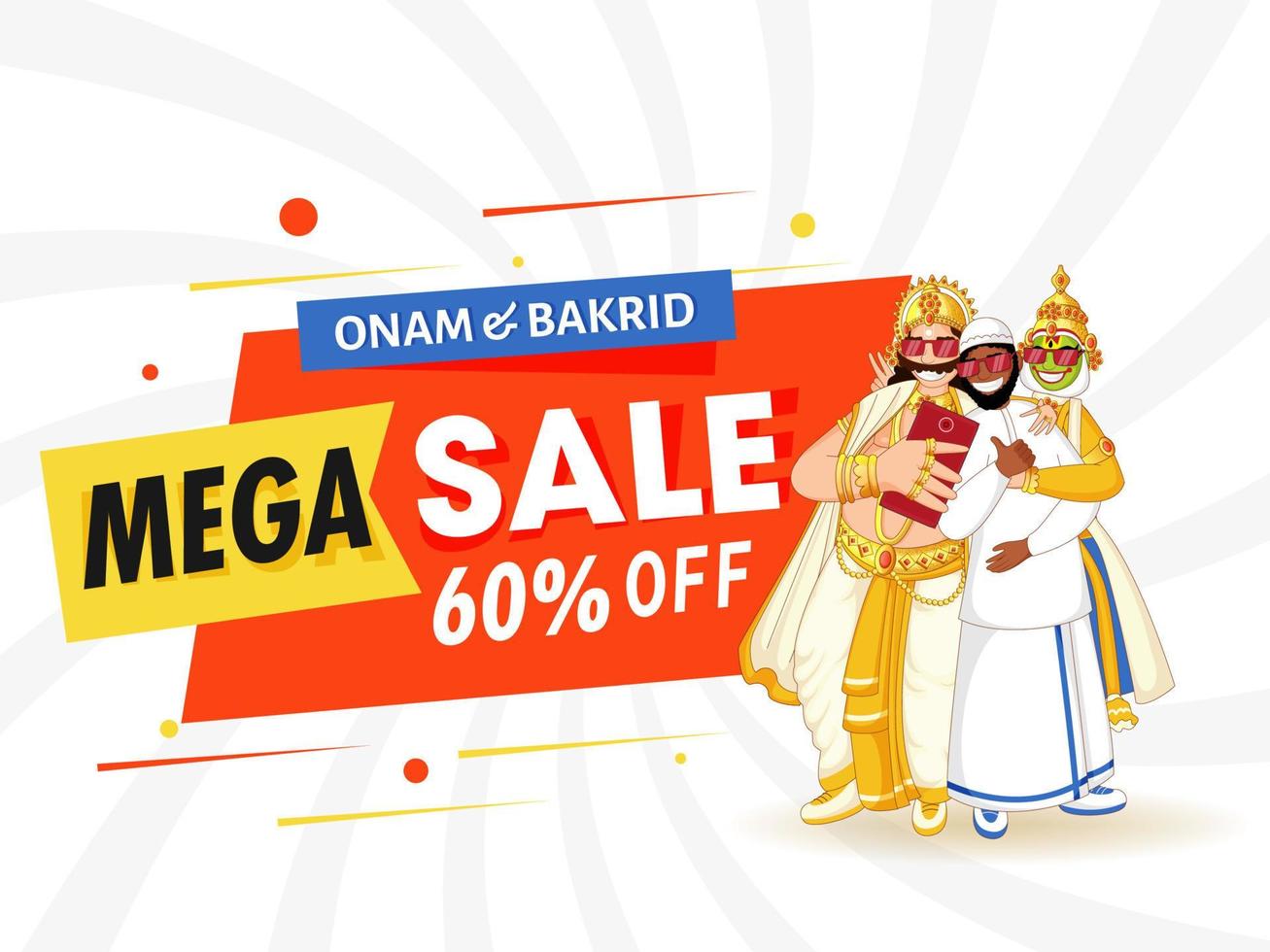 onam Bakrid mega rebaja etiqueta, etiqueta o pegatina diseño con descuento oferta en blanco rayos antecedentes. vector