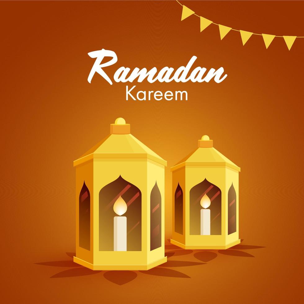 Iit candles inside arabic golden lanterns, on orange color background for Islamic holy month of Ramadan Kareem occasion. vector