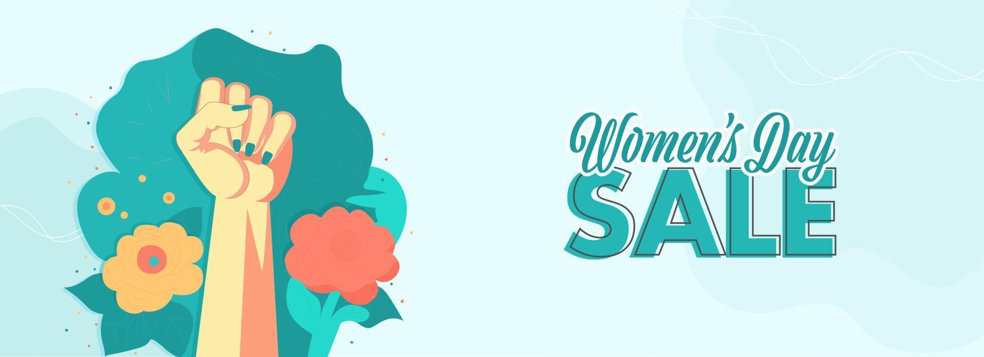 Women's Day Standee Poster Or Banner Design With Fist Raised Hand With Flowers. vector