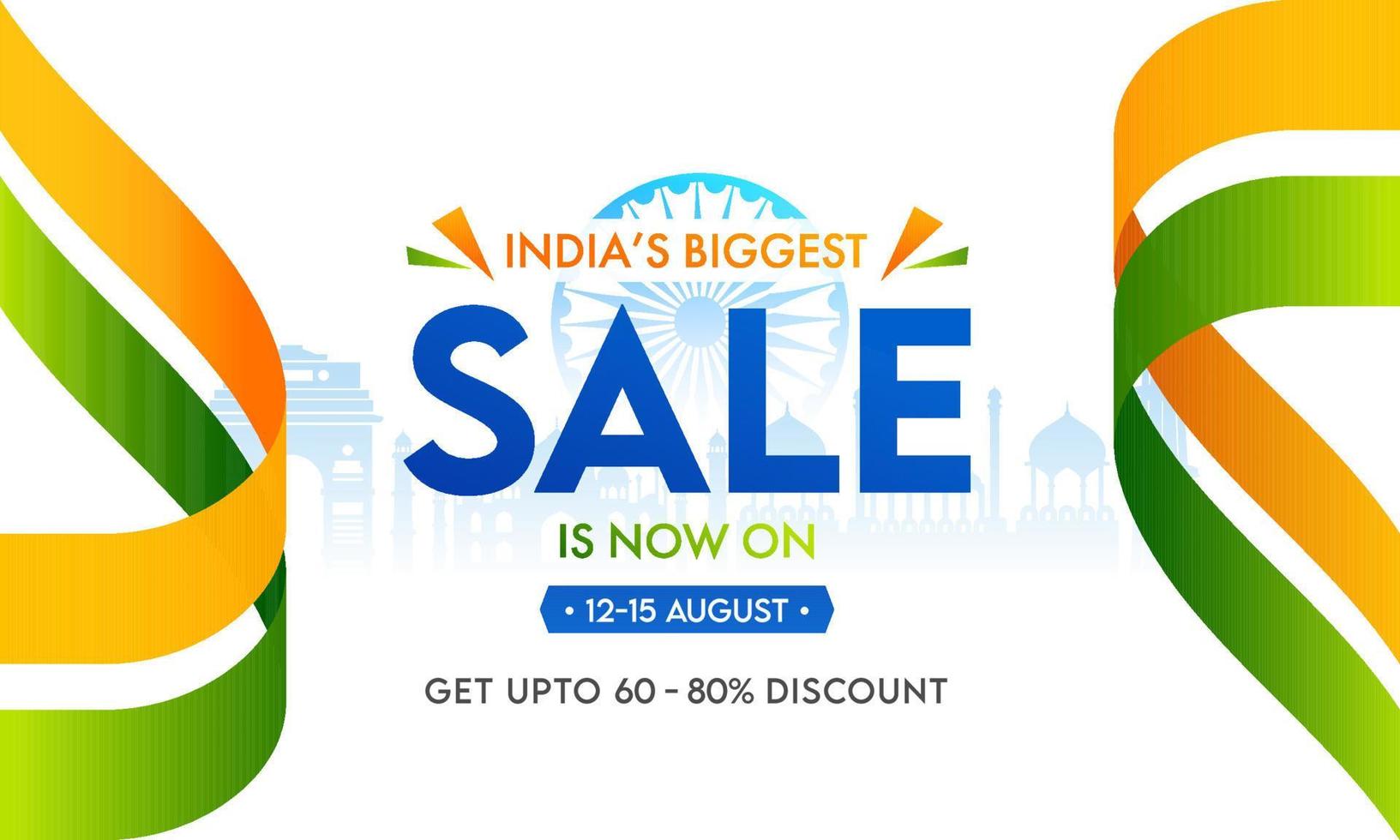 India's Biggest Sale Banner Design with Wavy Indian Flag Ribbons, Ashoka Wheel and Famous Monuments. vector