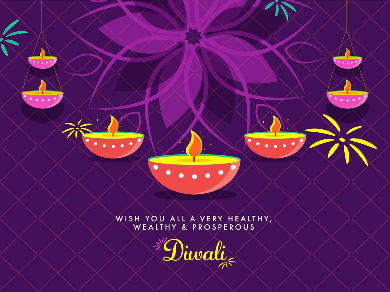 Diwali Wishing Card Design with Lit Oil Lamps Decorated on Purple Rhombus Background. vector