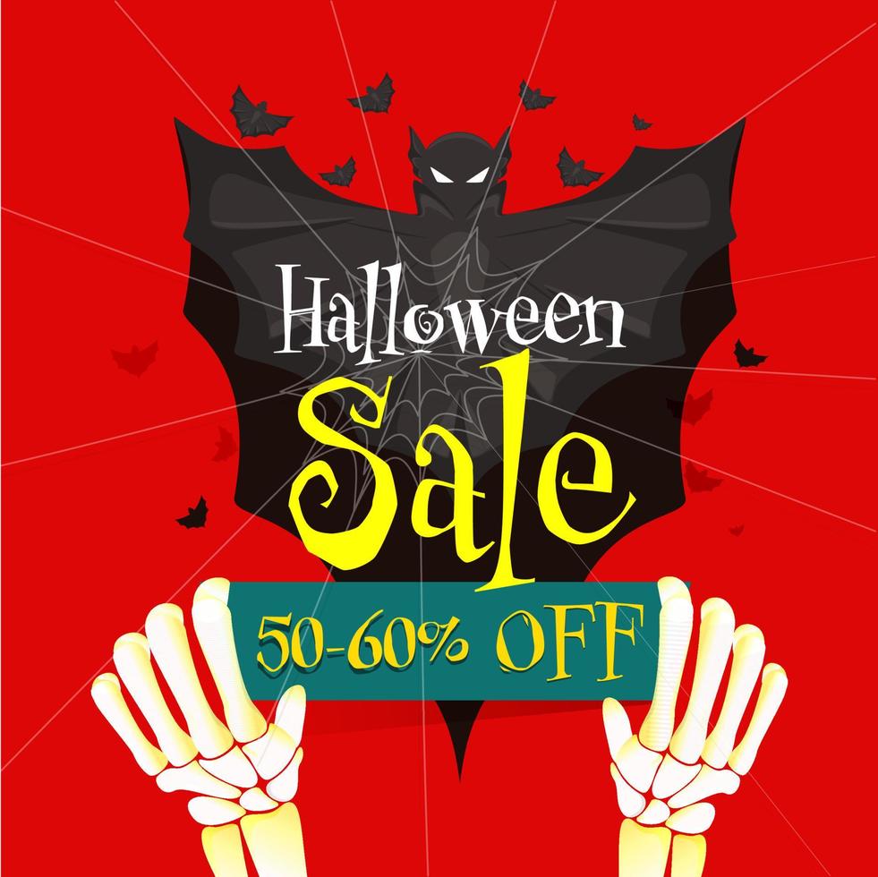 Halloween Sale Poster Design with Discount Offer, Skeleton Hands, Spider Web and Bats Flying on Red Background. vector