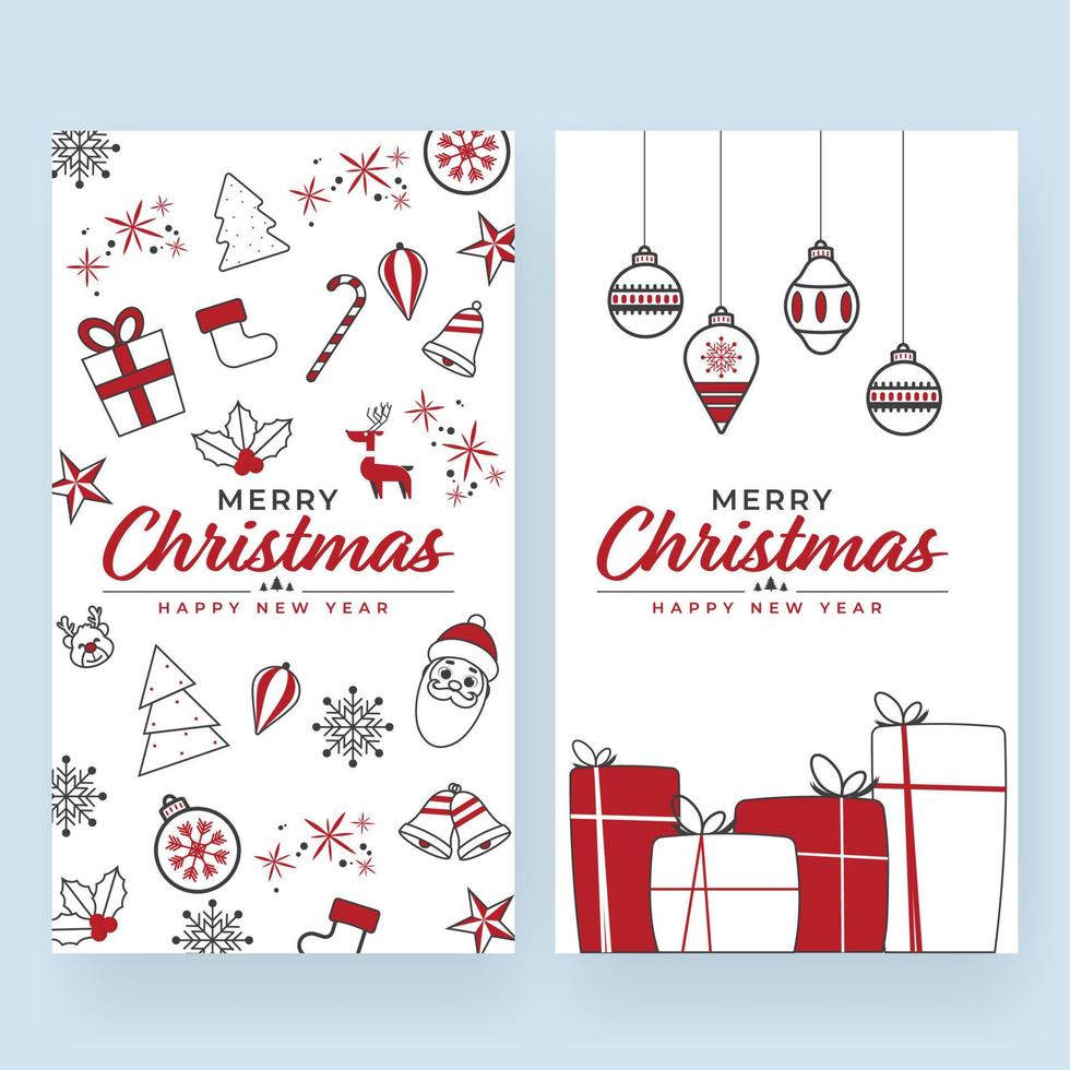 Merry Christmas New Year Template Design Decorated With Xmas Icons In Two Options. vector