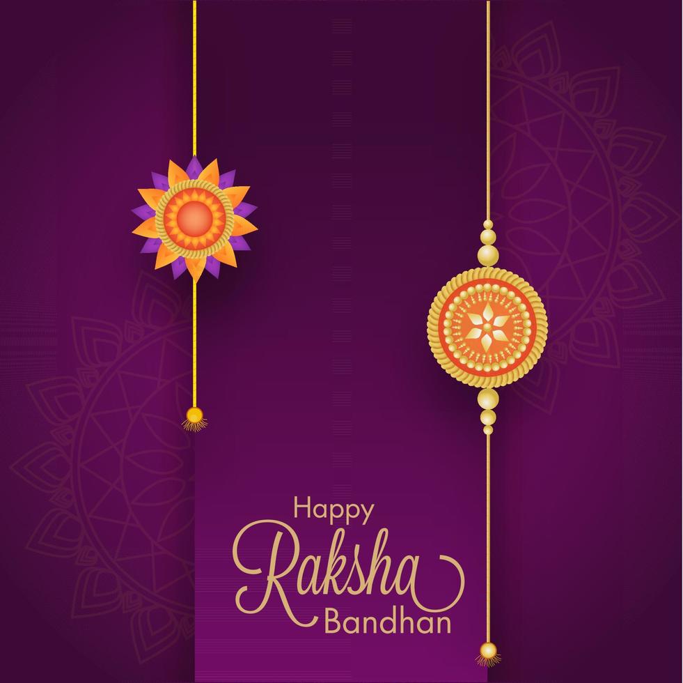 dorado contento raksha Bandhan fuente con decorativo rakhis en púrpura mandala modelo antecedentes. vector