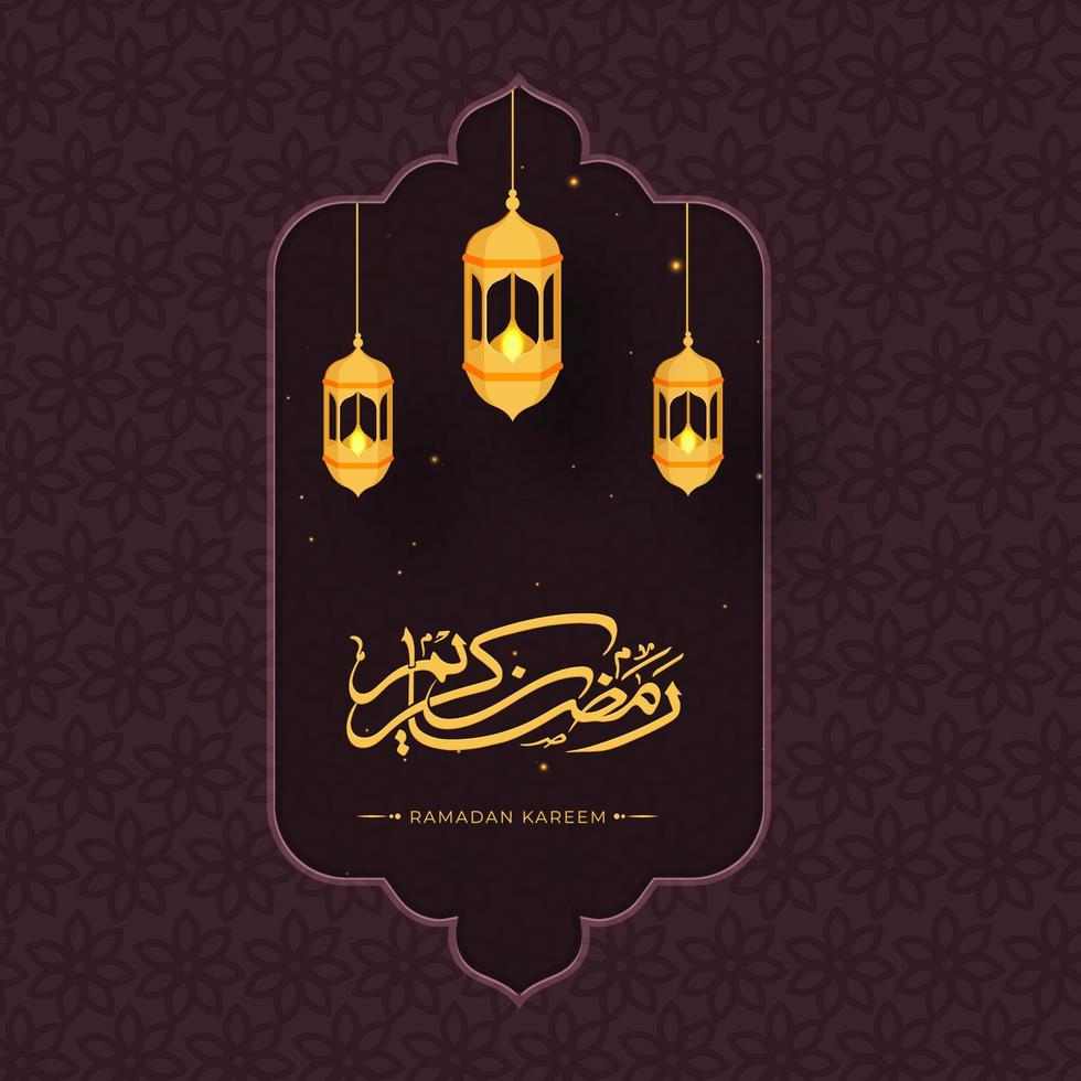 Islamic Holy Month of Ramadan Kareem with Hanging Golden Lanterns and Arabic Islamic Calligraphic Text Ramadan Kareem on Burgundy Textured Background. vector