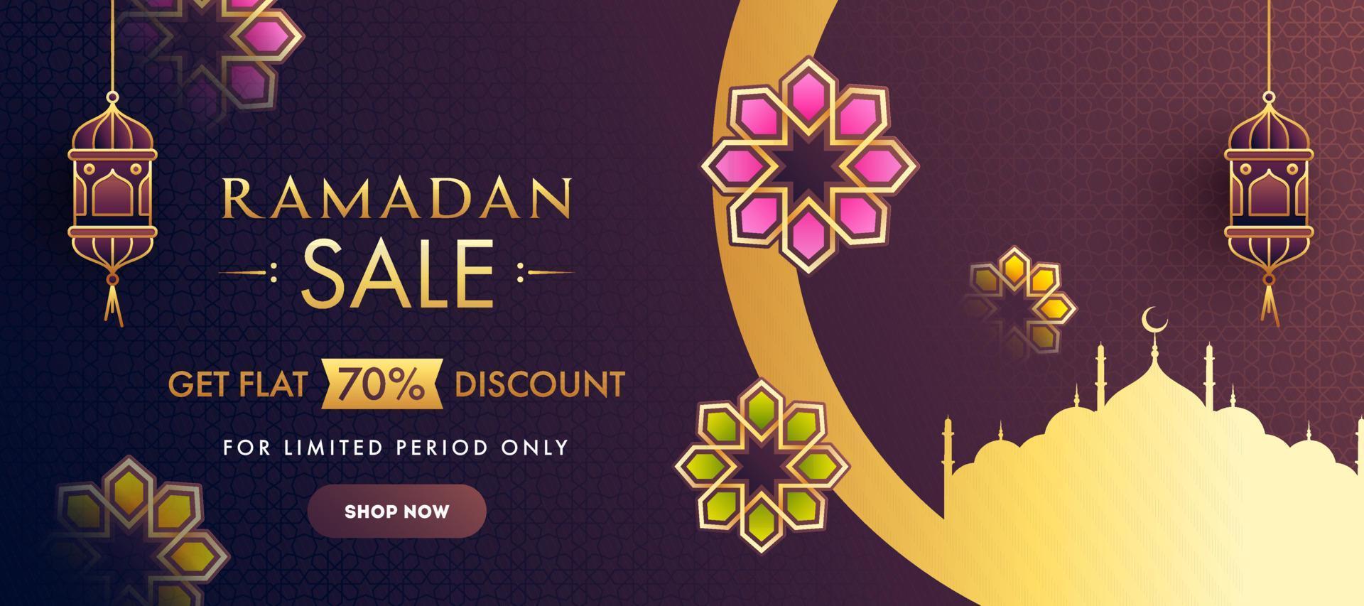 Islamic Holy Month of Ramadan Concept with Golden Mosque with Hanging Lanterns, Floral Patterns. Ramadan Sale Banner. vector