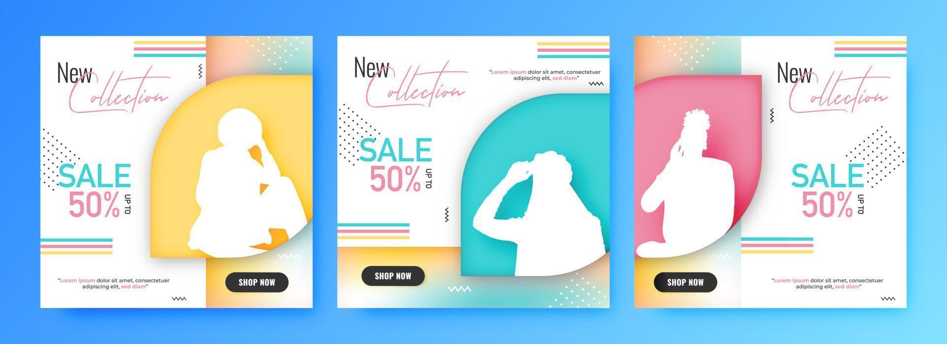 Collection of web poster design with silhouette woman and discount offer on abstract background for New Collection Sale. vector