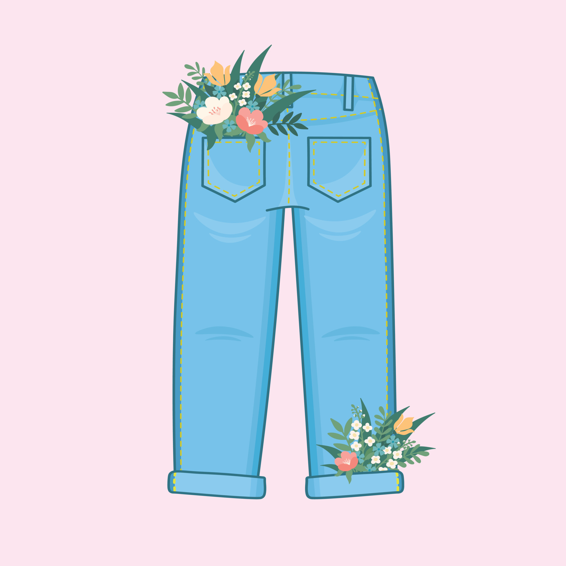 Doodle flat clipart. A cute pair of unisex jeans with a bouquet of