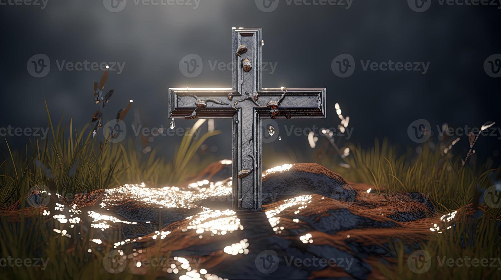 Christian cross on a dark background. 3D rendering photo