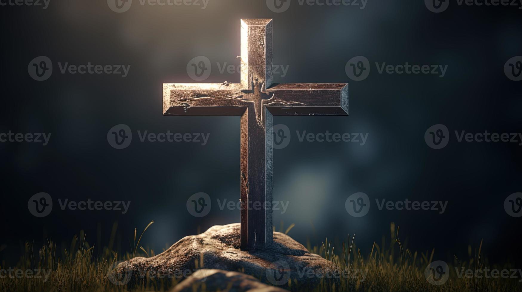 Christian cross on a dark background. 3D rendering photo