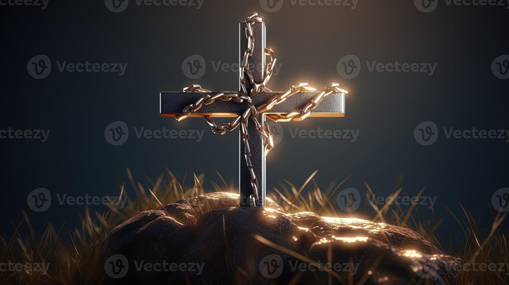 Christian cross on a dark background. 3D rendering photo
