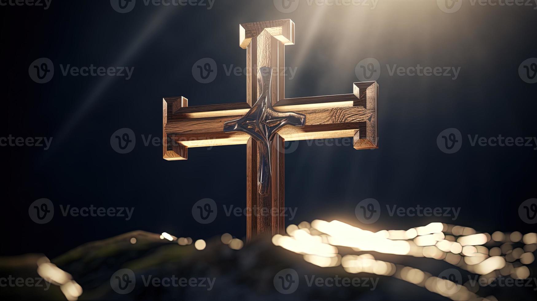 Christian cross on a dark background. 3D rendering photo