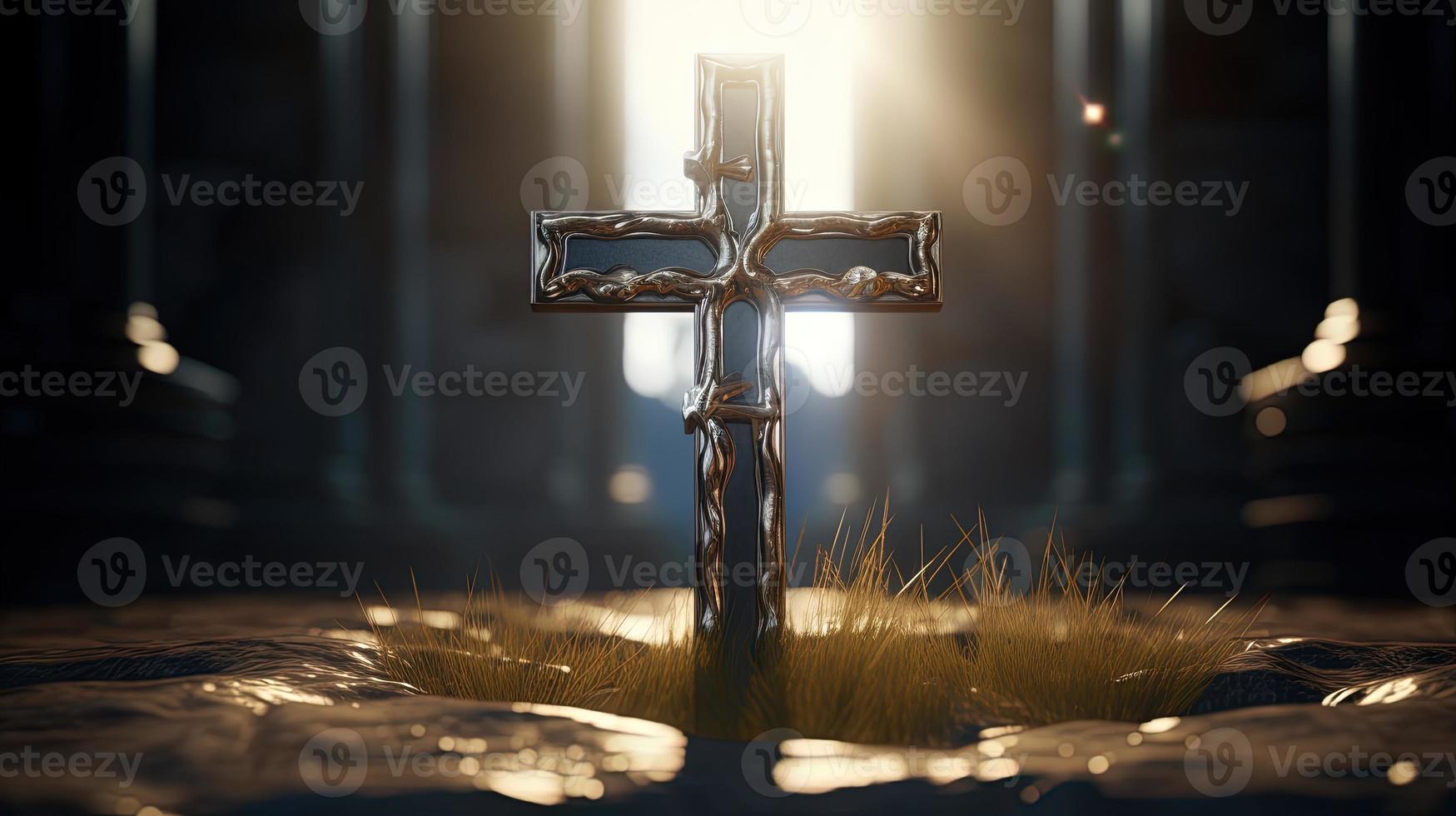 Christian cross on a dark background. 3D rendering photo