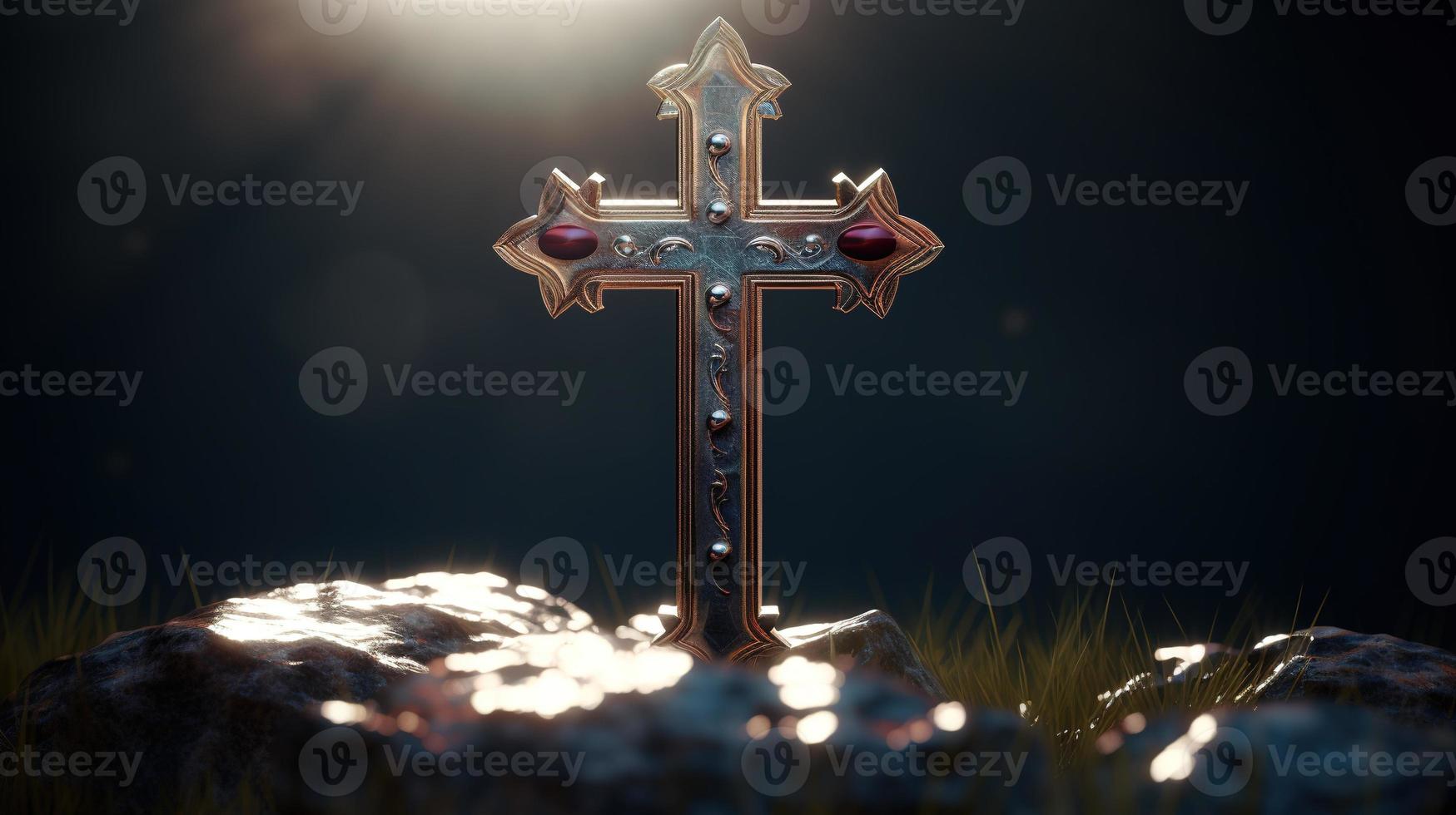Christian cross on a dark background. 3D rendering photo