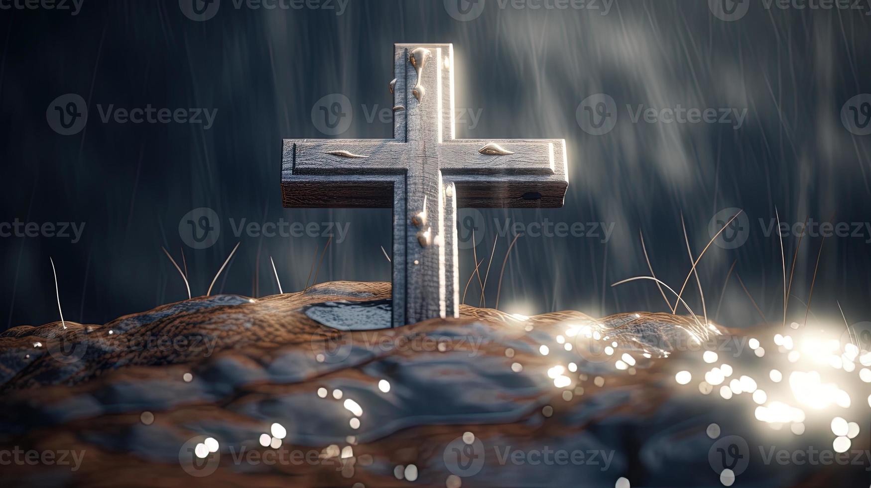 Christian cross on a dark background. 3D rendering photo
