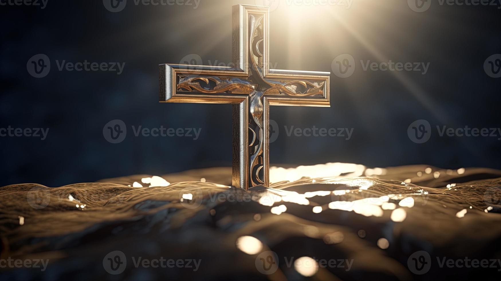 Christian cross on a dark background. 3D rendering photo