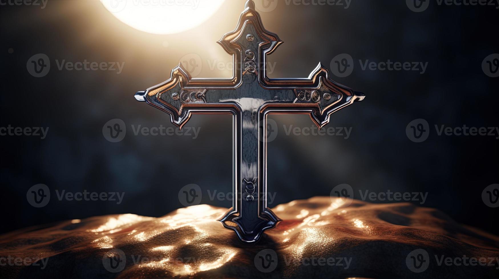 Christian cross on a dark background. 3D rendering photo