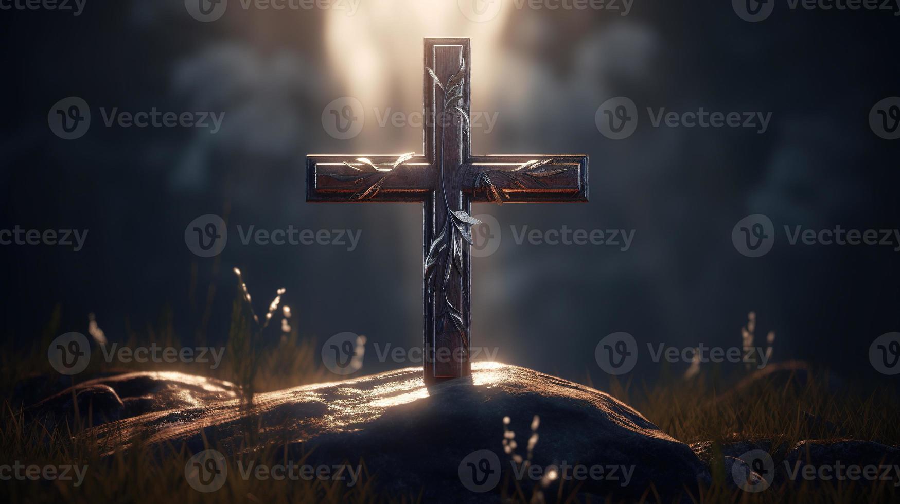 Christian cross on a dark background. 3D rendering photo