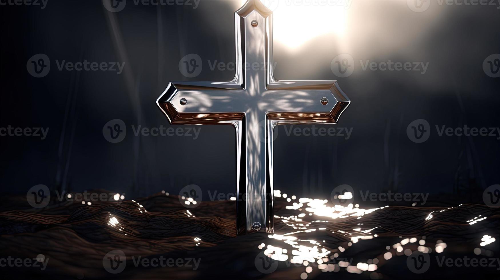 Christian cross on a dark background. 3D rendering photo