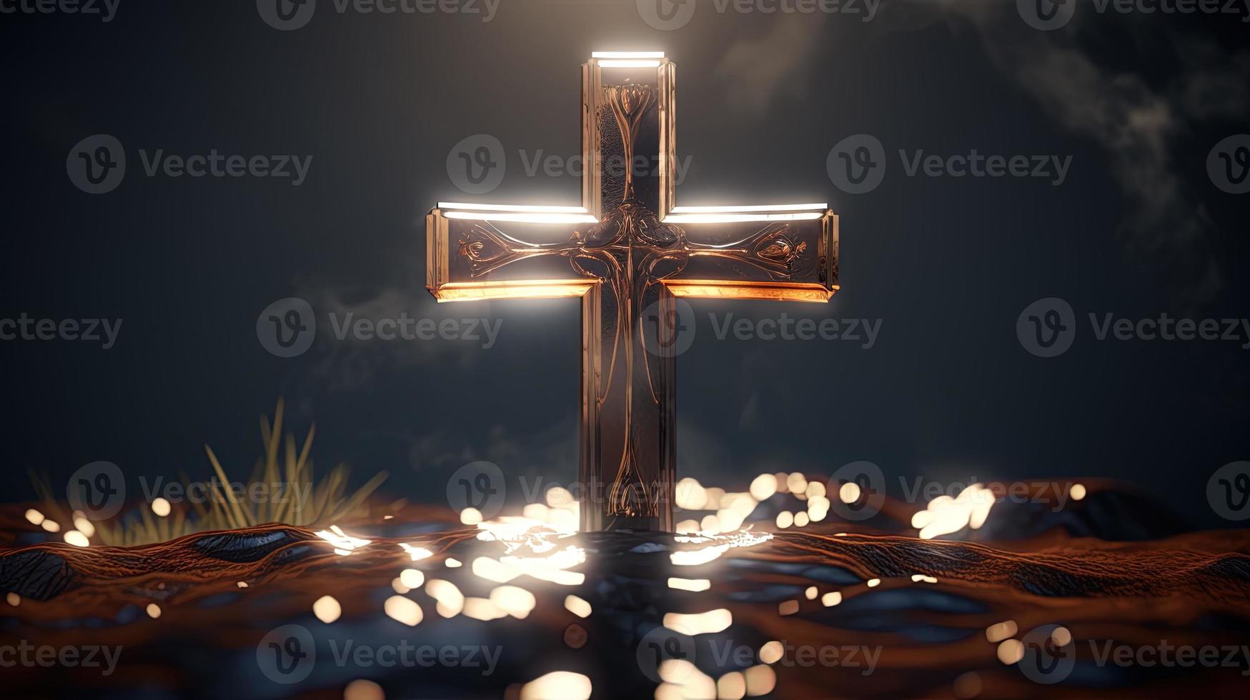 Christian cross on a dark background. 3D rendering photo