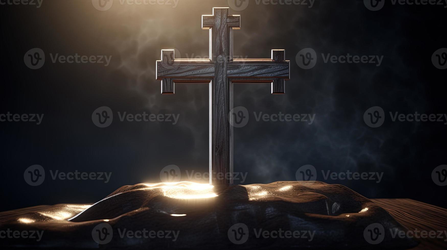 Christian cross on a dark background. 3D rendering photo