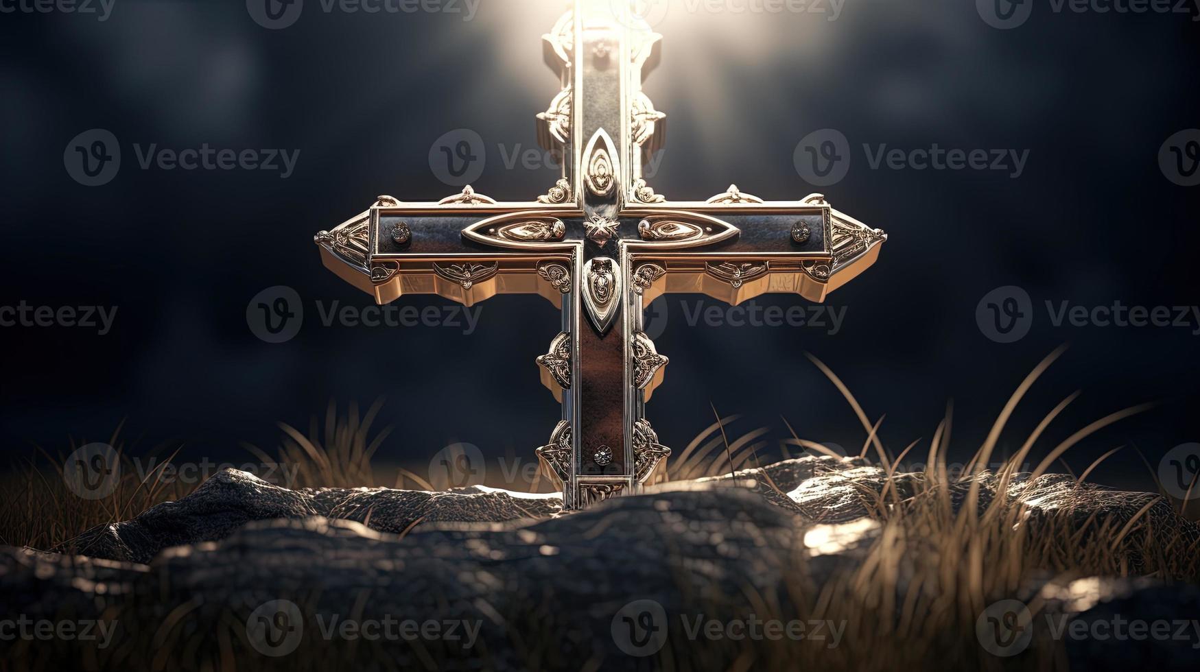 Christian cross on a dark background. 3D rendering photo