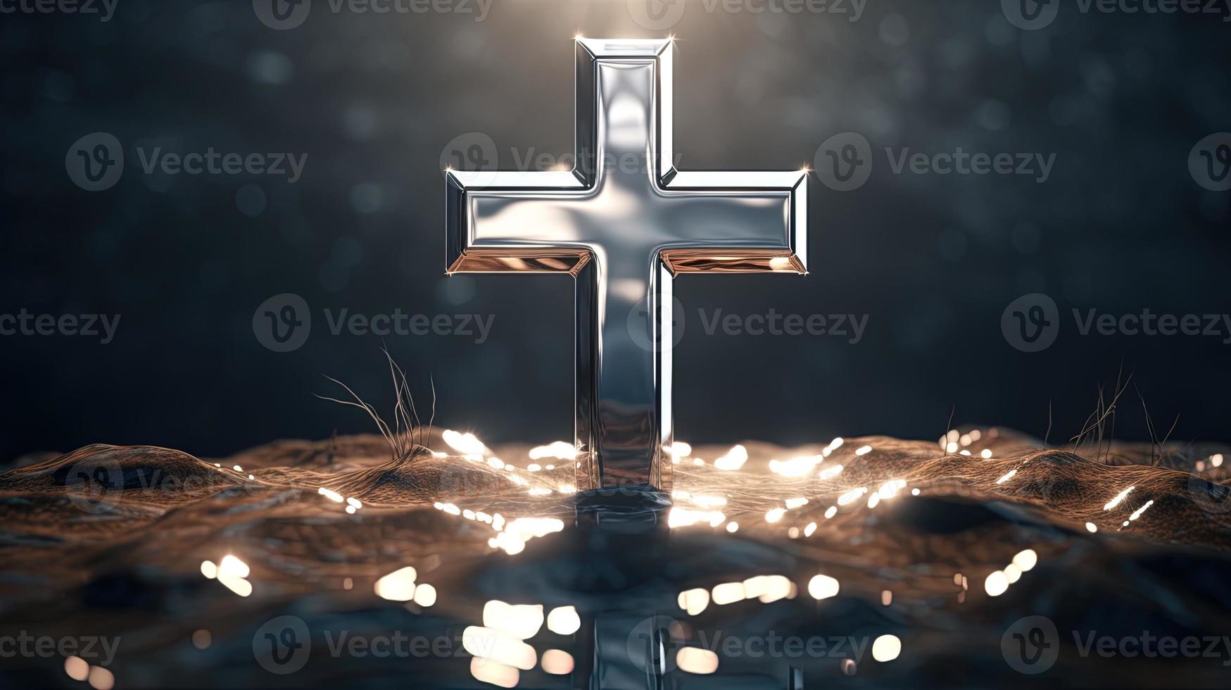 Christian cross on a dark background. 3D rendering photo