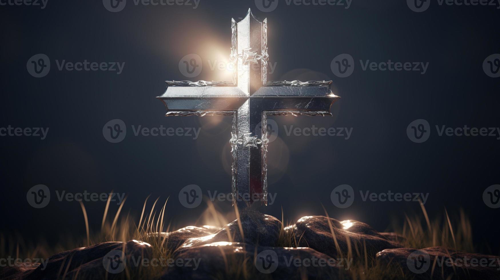 Christian cross on a dark background. 3D rendering photo