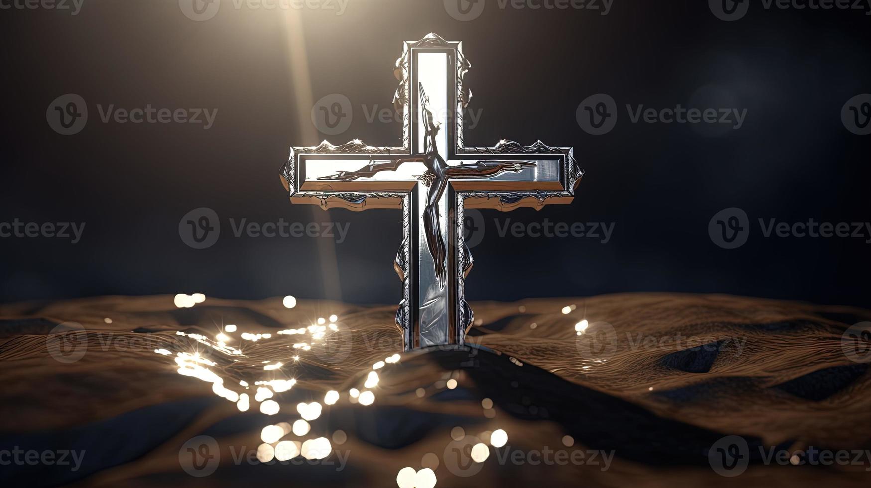 Christian cross on a dark background. 3D rendering photo