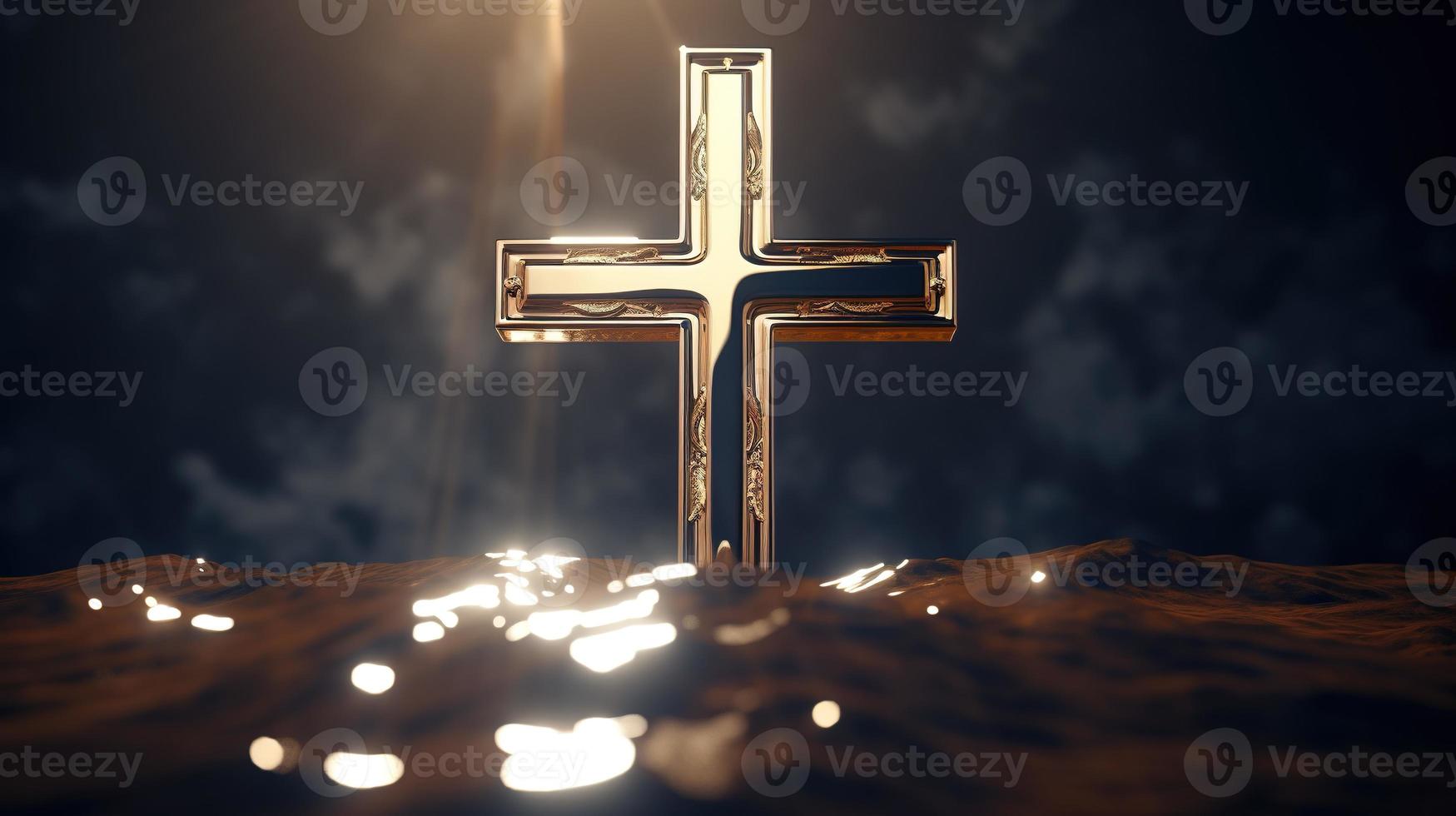 Christian cross on a dark background. 3D rendering photo