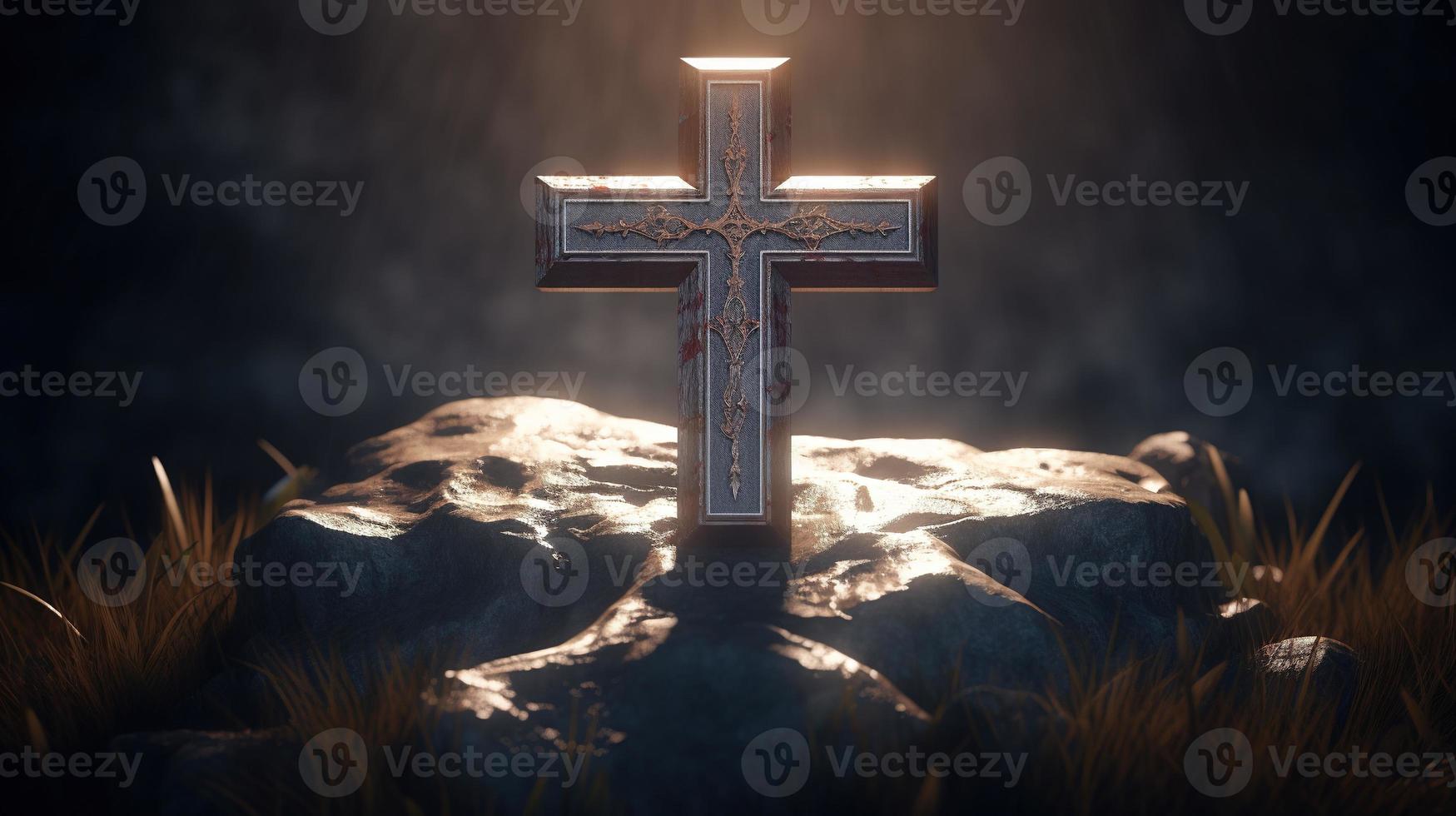 Christian cross on a dark background. 3D rendering photo