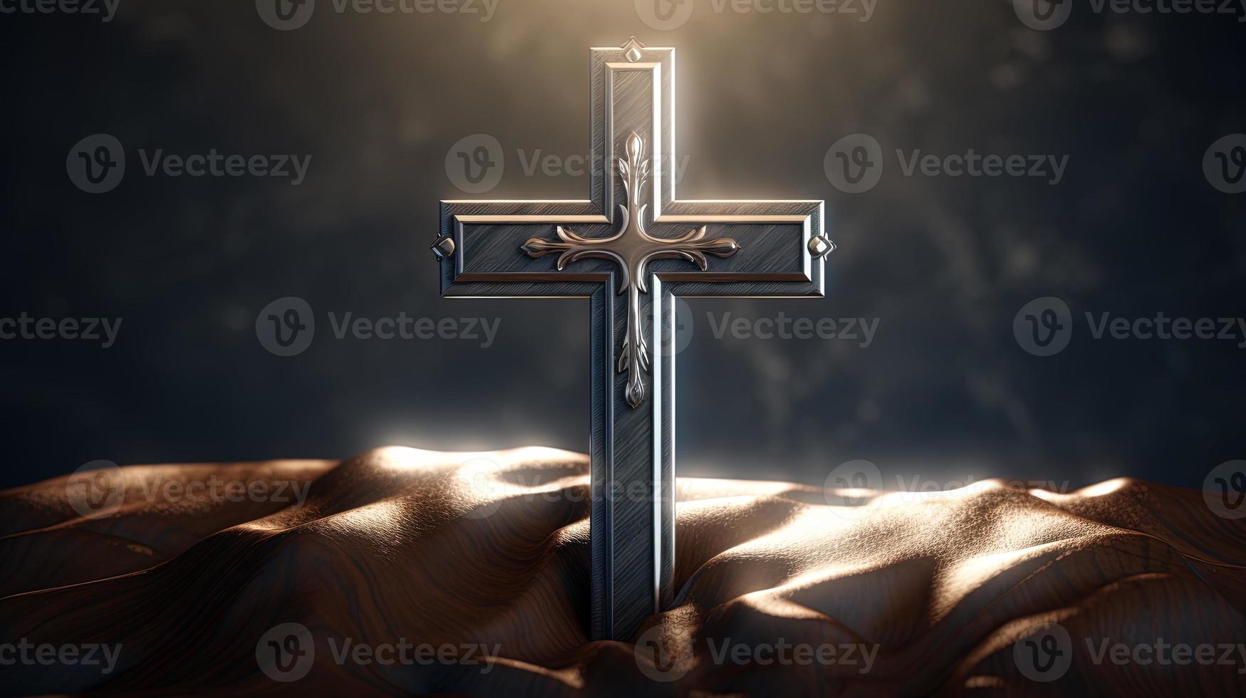 Christian cross on a dark background. 3D rendering photo